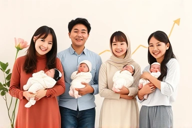 Happy Korean parents with newborn babies, financial security, growth