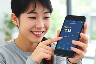 건강보험 앱 포인트 적립 화면을 보는 젊은이