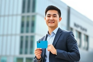 Young worker with transportation card at industrial complex.