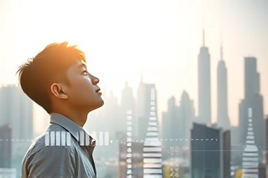 미래 도시 배경의 젊은 한국인, 투자 및 성장 상징