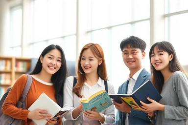 Korean university students studying in a bright library, hopeful atmosphere.
