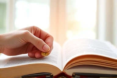 Symbolic image of financial support for education, coin in textbook.