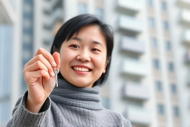 Young Korean person relieved, holding key, apartment background.