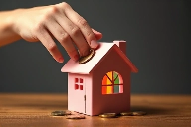 Symbolic financial relief, coins in house piggy bank, hopeful glow.