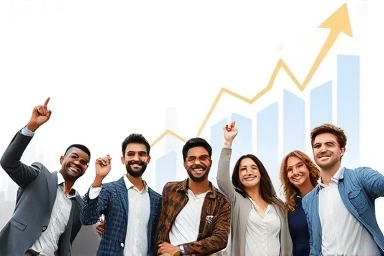 Young professionals and business owners celebrating financial success and opportunity.