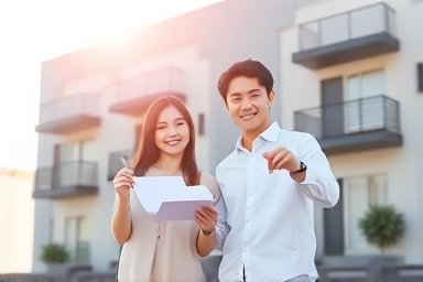 Young couple achieving homeownership with affordable loan.