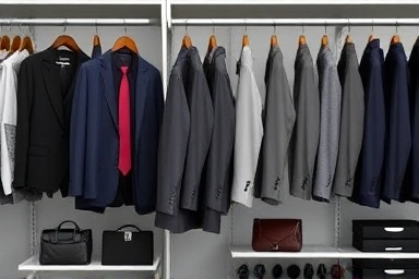 Neatly organized interview suits and accessories for rental