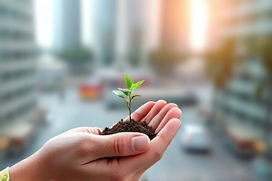 Hand nurturing a fast-growing seedling, symbolizing financial growth.