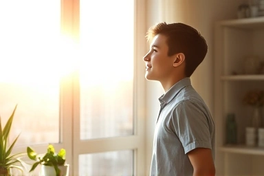 Young person hopeful in a bright, modern apartment.