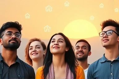 Young adults looking towards a hopeful financial future with support icons.