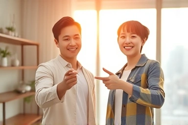 Couple receiving apartment keys with hopeful expressions.