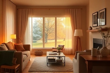 Cozy living room, warm light, energy relief, comfort, security