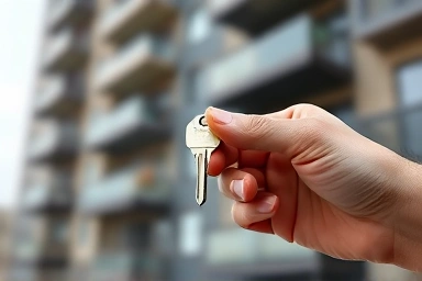 Hand holding a key, symbolizing access to housing.