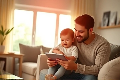 Happy family planning housing with newborn loan information.