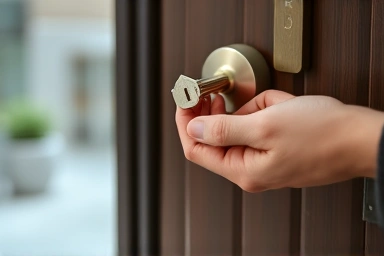 Securing a new home with a house key, symbolizing new beginnings.