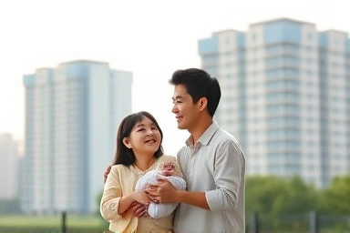 Happy family with newborn, new home aspiration