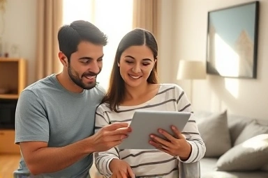 Happy couple planning their new home finances
