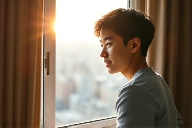 Young Korean person looking out apartment window, symbolizing hope and opportunity