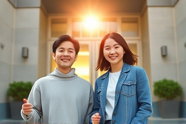 Happy young couple by apartment building, symbolizing housing stability.