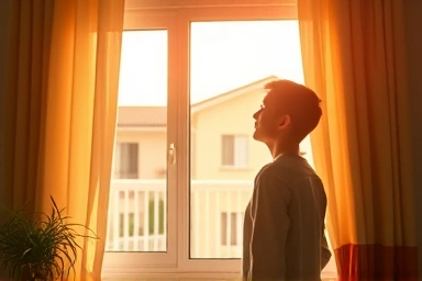 Young person looking out apartment window, hopeful future.