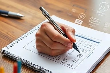 Business plan sketch with strategic planning icons.