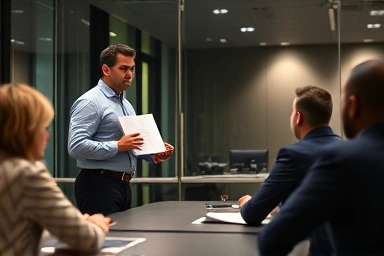 Entrepreneur presenting business plan to judges.