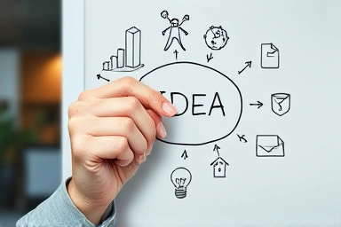 Business idea sketching with symbolic growth elements.