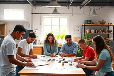 Entrepreneurs collaborating in a modern workshop, symbolizing local business innovation.