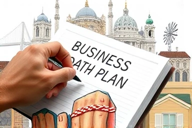 Close-up of hands sketching a business plan with local landmarks.