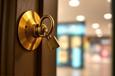 Golden key unlocking a prosperous small business door.