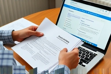 Hands preparing documents for government business certification.