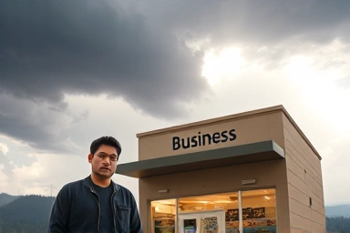 Small business owner protected from storm by insurance shield.