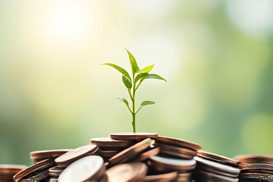 Seedling growing from coins, symbolizing business growth and funding.