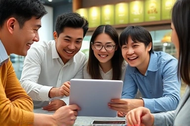 Small business owners discussing growth and technology