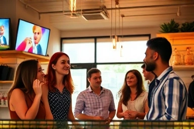 Modern small business interior with integrated digital technology and optimistic owners.