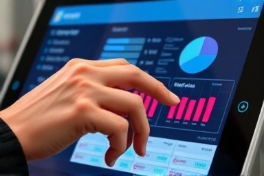 Close-up of a hand using a smart business management interface on a touchscreen.