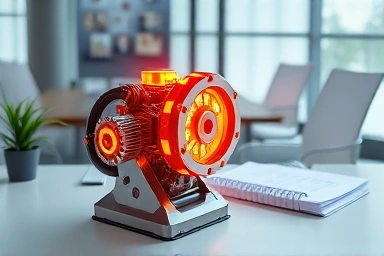 Glowing growth engine on desk with business plan