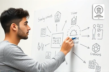 Entrepreneur planning innovative business with government support.