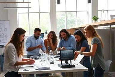 Entrepreneurs collaborating on innovative product designs in a bright, modern workspace.