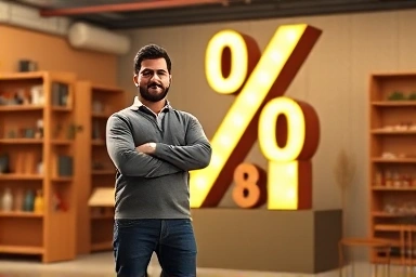 Small business owner with rising tax deduction symbol