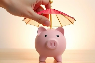 Hand saving money in umbrella-shaped piggy bank