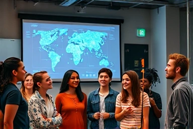 Diverse young adults learning AI with futuristic interface.