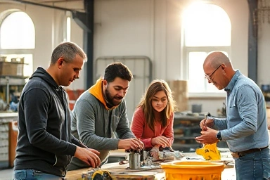 Middle-aged individuals learning new skills in a modern vocational workshop.