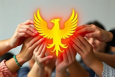 Diverse hands holding a phoenix symbol, representing re-employment success