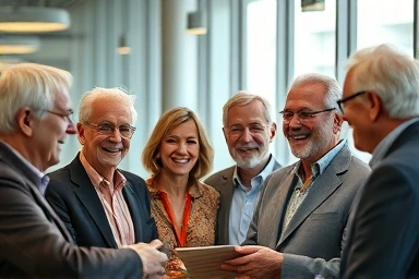 Experienced seniors collaborating in a positive modern office.