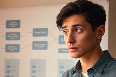 Confused person analyzing complex regulation flowchart