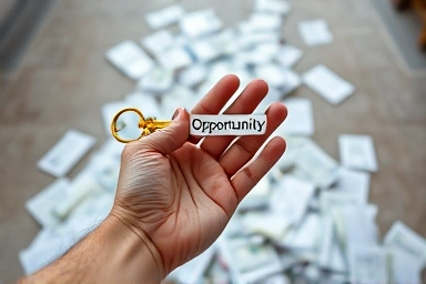 Hand reaching for opportunity key among unemployment documents