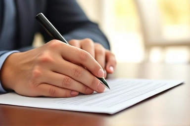 Hands signing a document for financial aid.