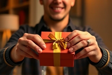 Boyfriend receiving Christmas gift, happy surprise, stylish accessory.