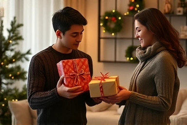 Young couple exchanging Christmas gifts, feeling joy and connection.